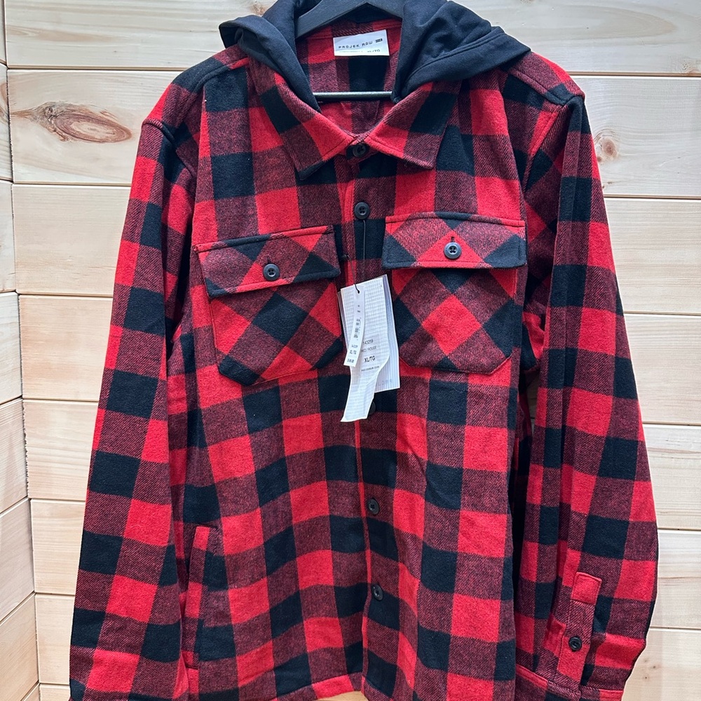Men's Red and Black Plaid Hooded Shirt